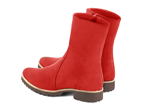 Scarlet red women's ankle boots with a zip on the inside. Round toe. Flat rubber soles. Rear view - Florence KOOIJMAN